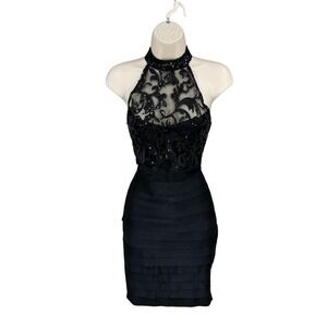 Whimsigoth Lace Dress Women Size M Black Sequin Lace Bodycon Party Halter Event